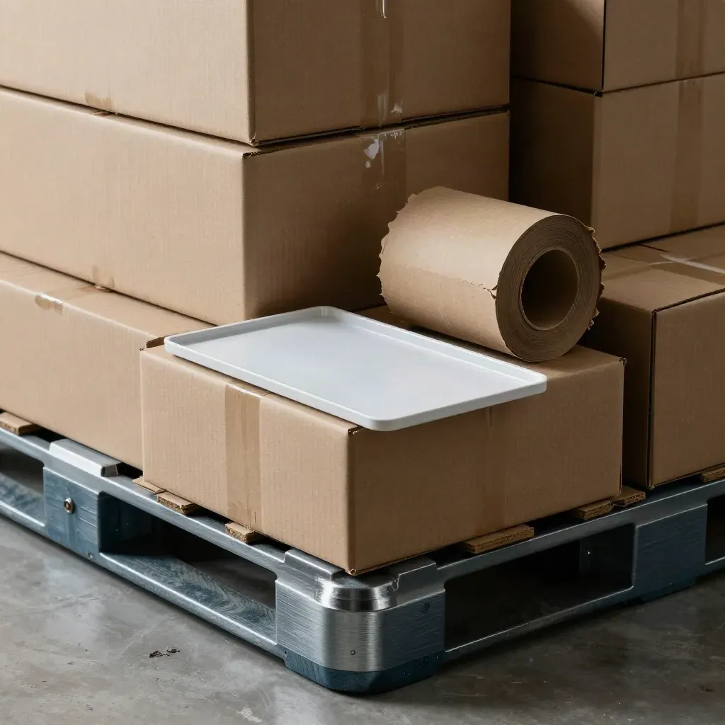 Top-down still life of shipping boxes, pallet board, wrap roll and cargo seal tray on concrete.