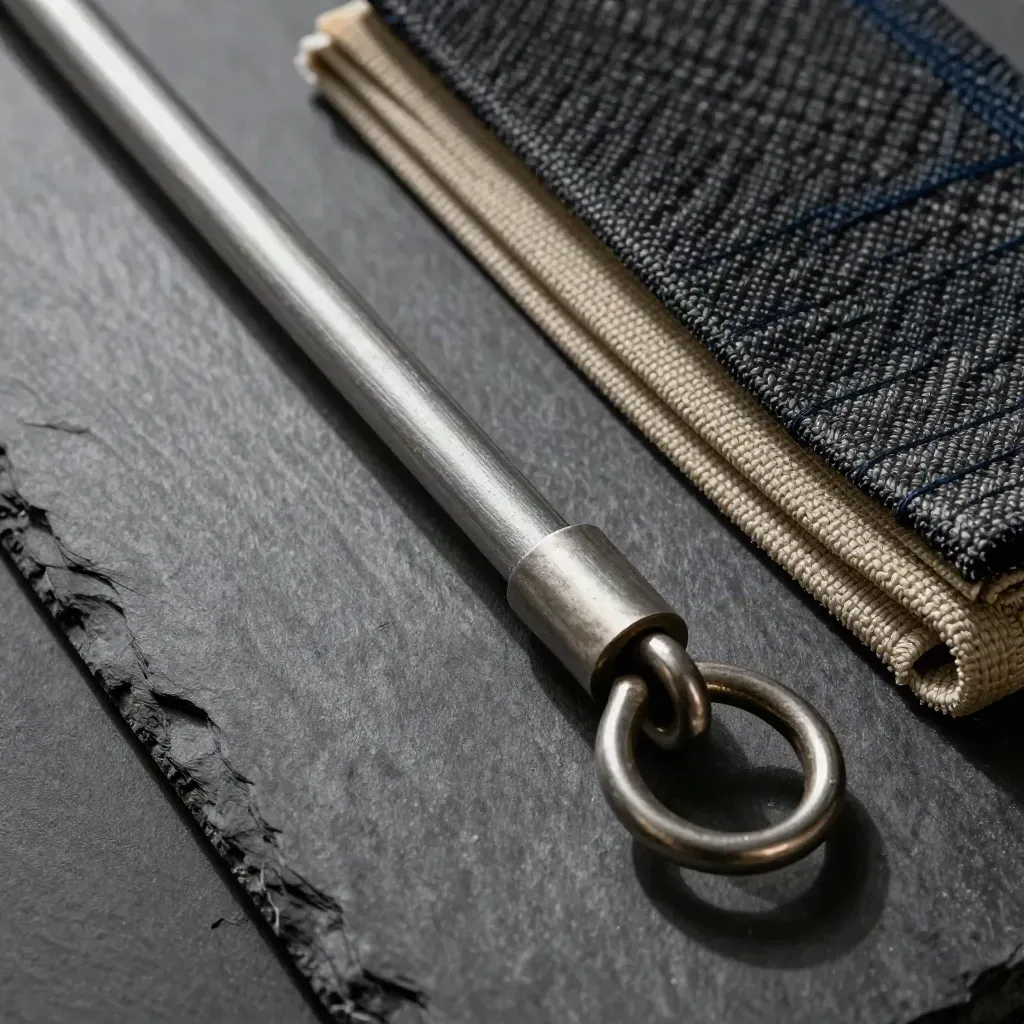 Steel load bar, ratchet strap, lashing ring and anti-slip mat on slate under hard warehouse light.