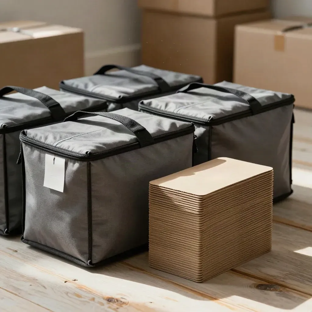 Courier totes, tamper seals and corrugated dividers on pale wood in dramatic light.