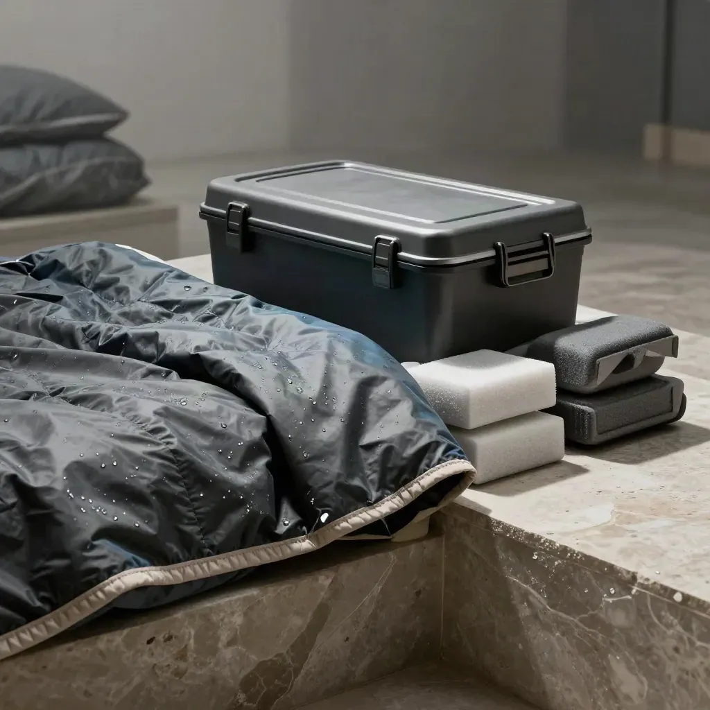 Cold-chain cargo blankets, thermobox lid and foam edge protectors on pale stone.