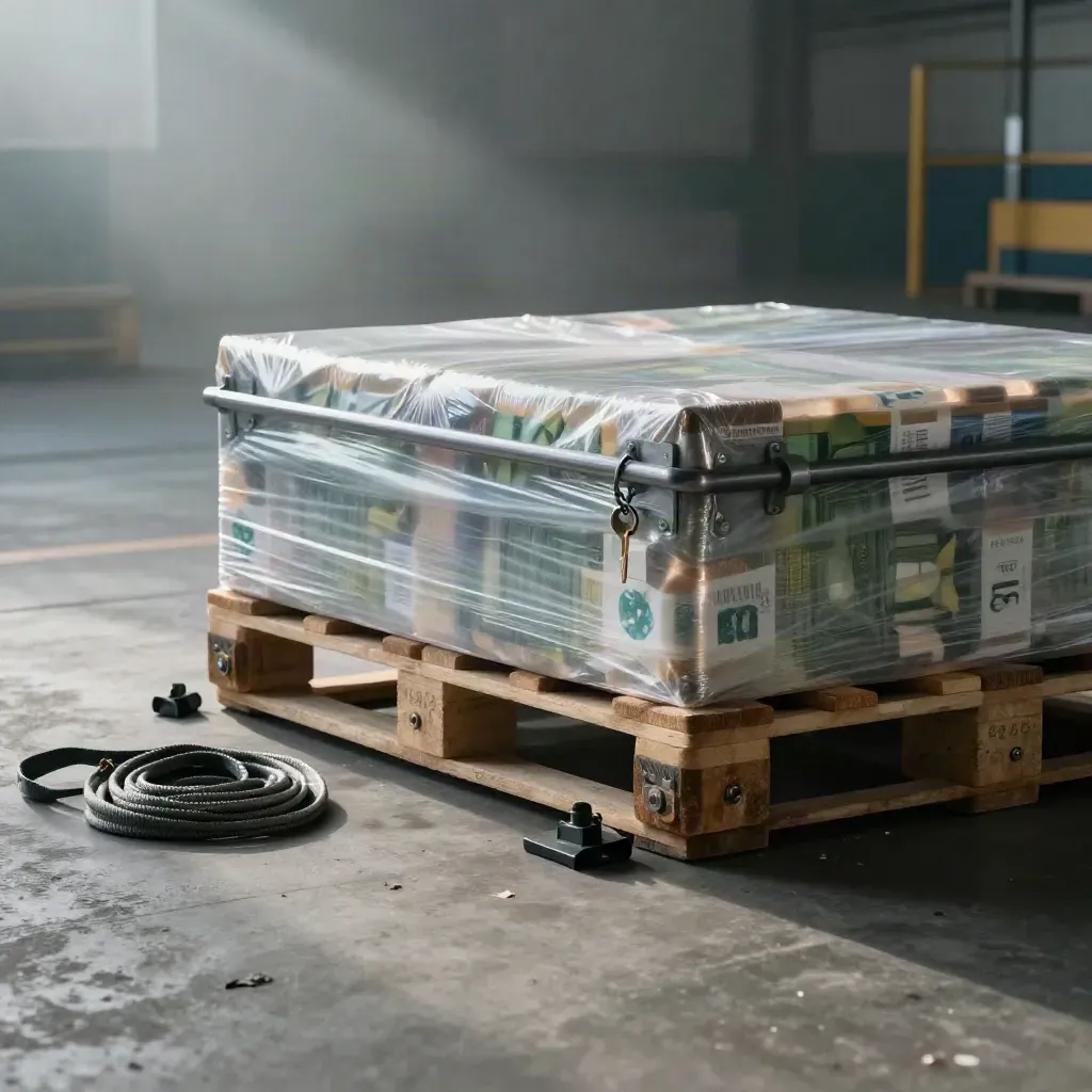 Pre-dawn freight pallet cinched on a misty loading apron with straps and dock gear.