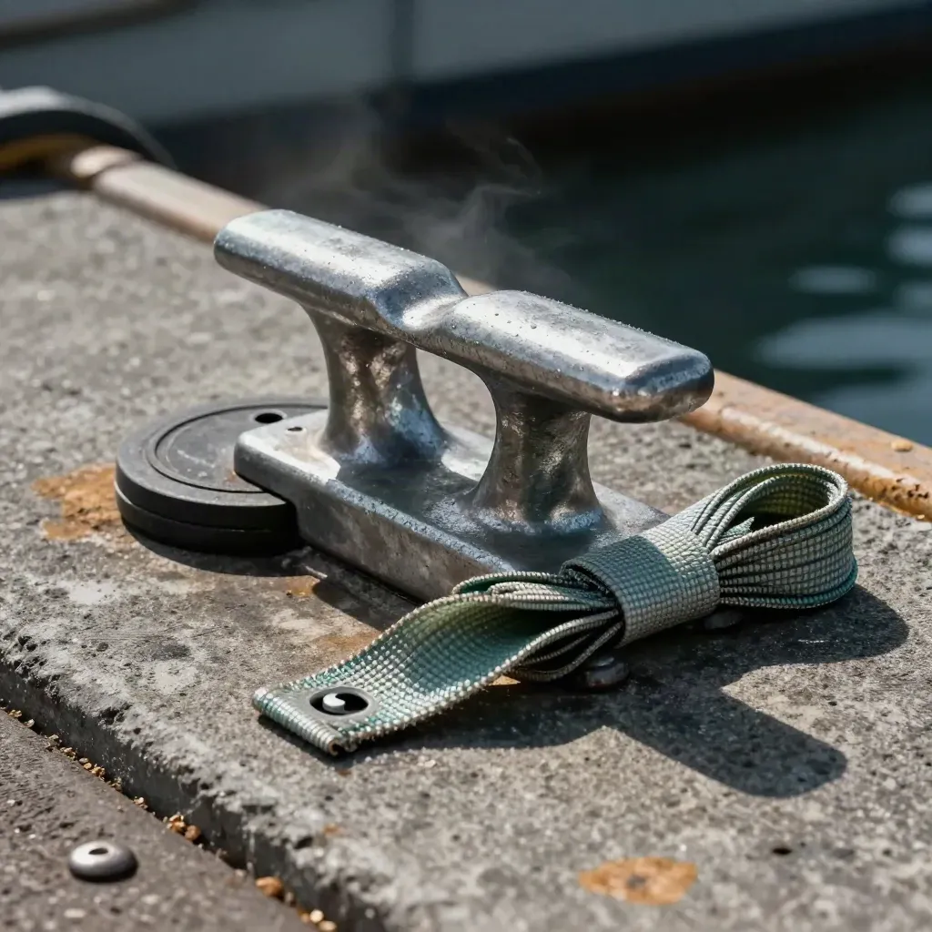 Dock cleat, wheel chock, and securing strap on concrete in dramatic low light.