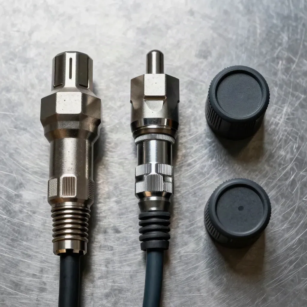 Forklift battery connector, charging plug and cable caps on brushed steel in cold macro light.