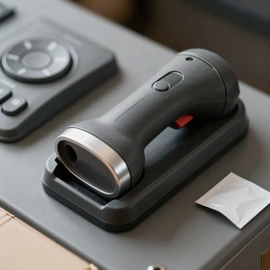 Macro barcode scanner in cradle with parcel tag on graphite surface