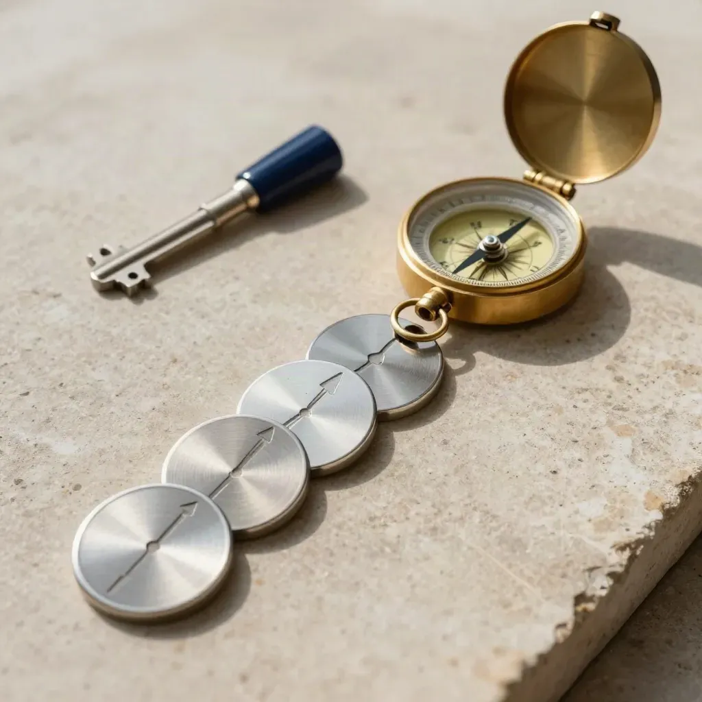 Top-down route tokens, brass compass and depot markers arranged on pale stone.