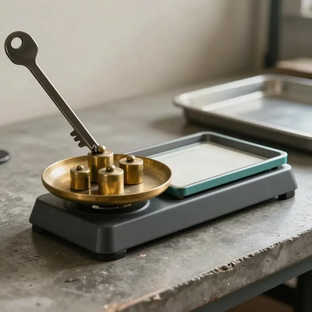 Brass calibration weights on a freight scale beside a turned-away label tray.