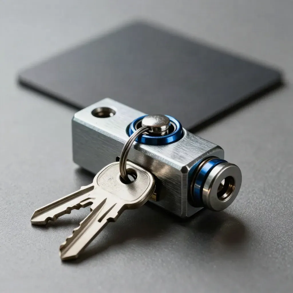 Brushed lock cylinder with carrier seals and blank metal fobs on a pewter surface.