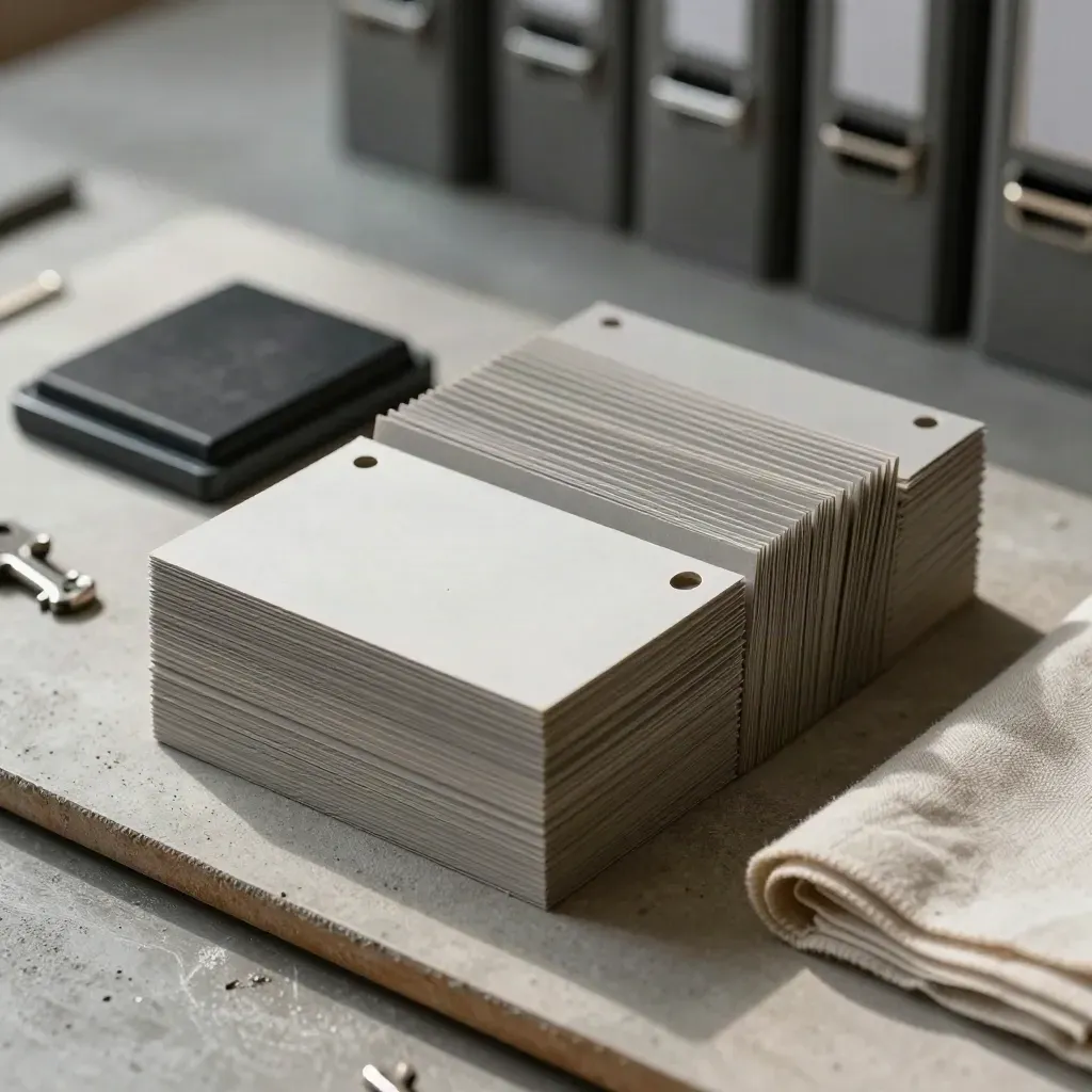 Binder tabs, a stamp pad, and punched index cards on a linen board in dramatic archive light.