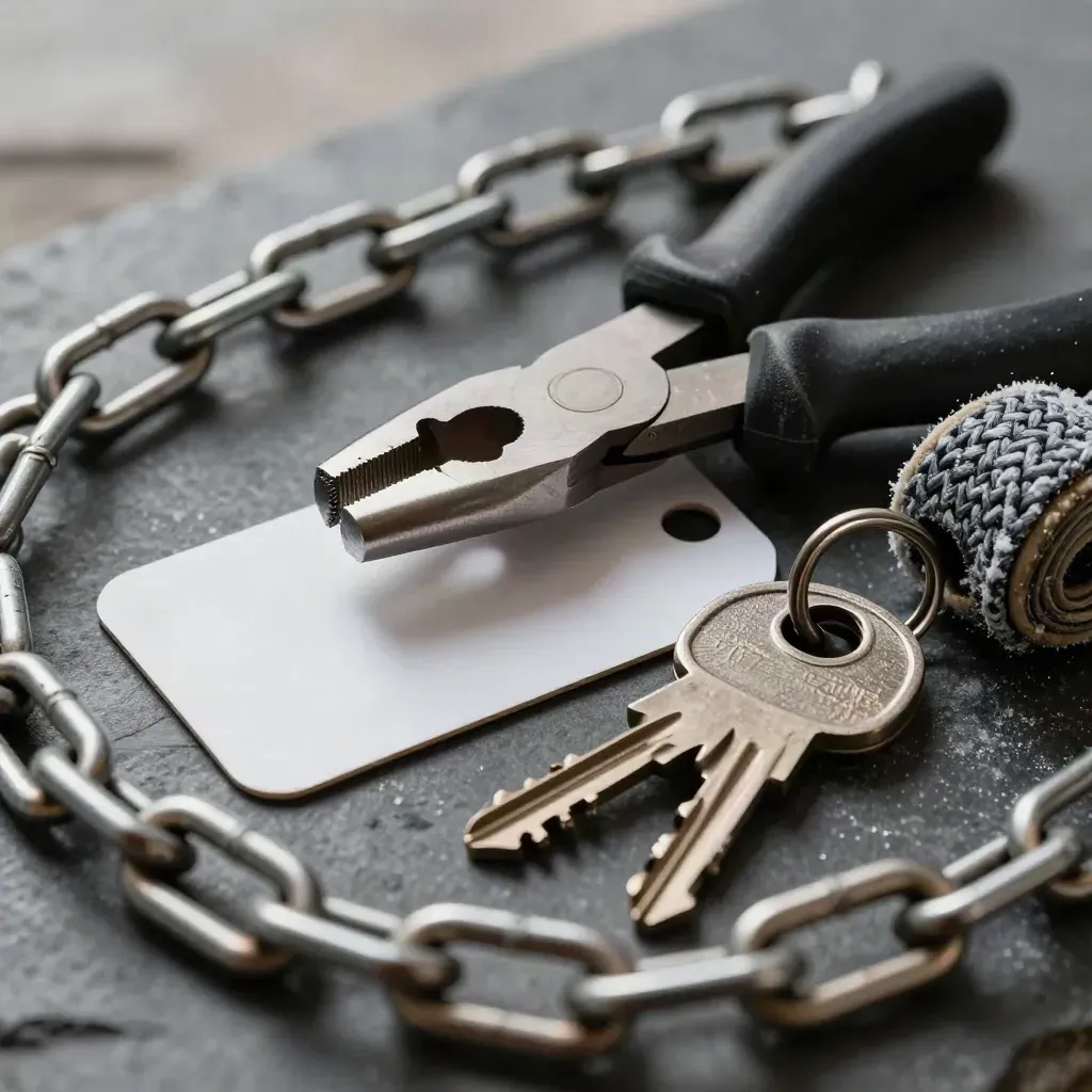 Macro still life of customs seal pliers, transit tags and a port key ring behind chain links.