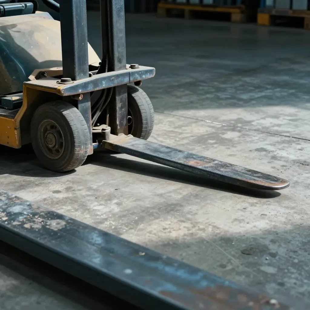 Pallet jack fork tip, dock wheel stop, and cone base on concrete in dramatic warehouse light.
