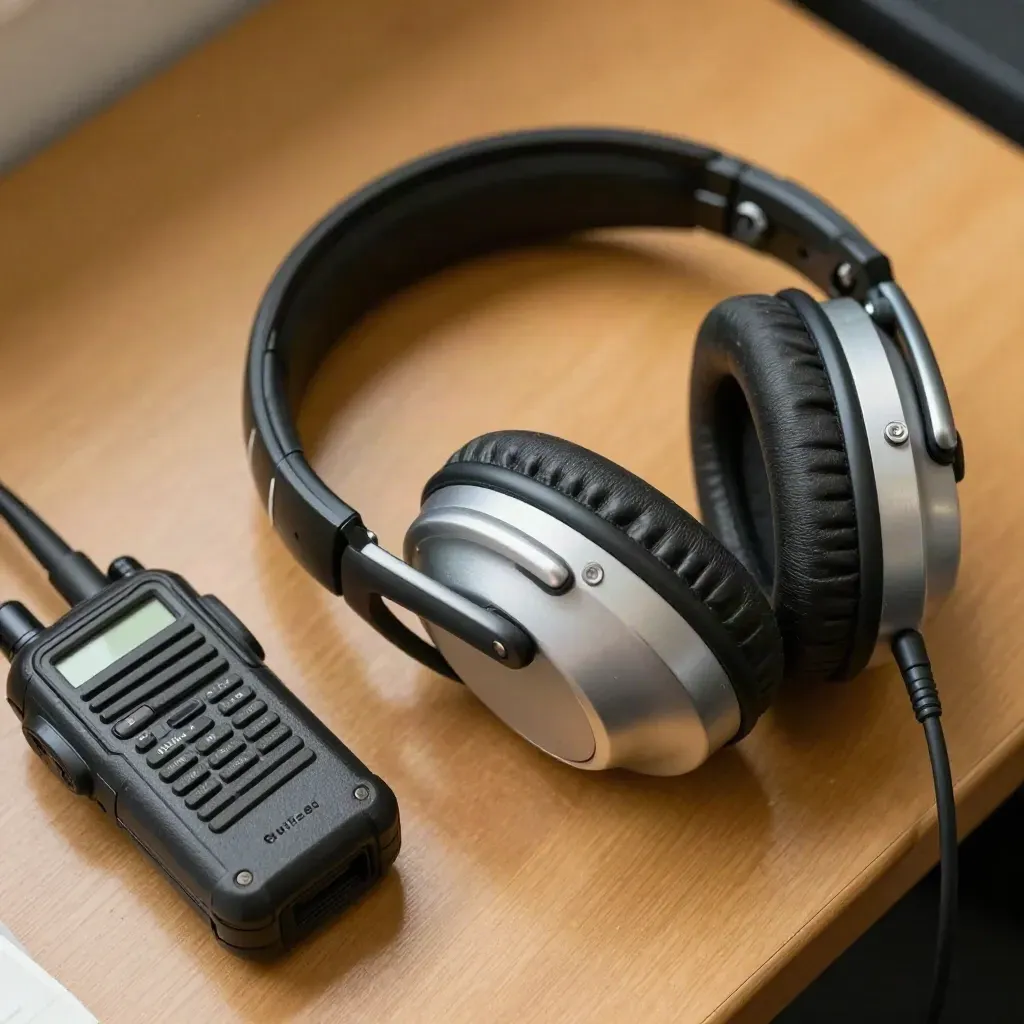 Warehouse lead shift kit with headset, radio and blank clips on a honey-oak bench.