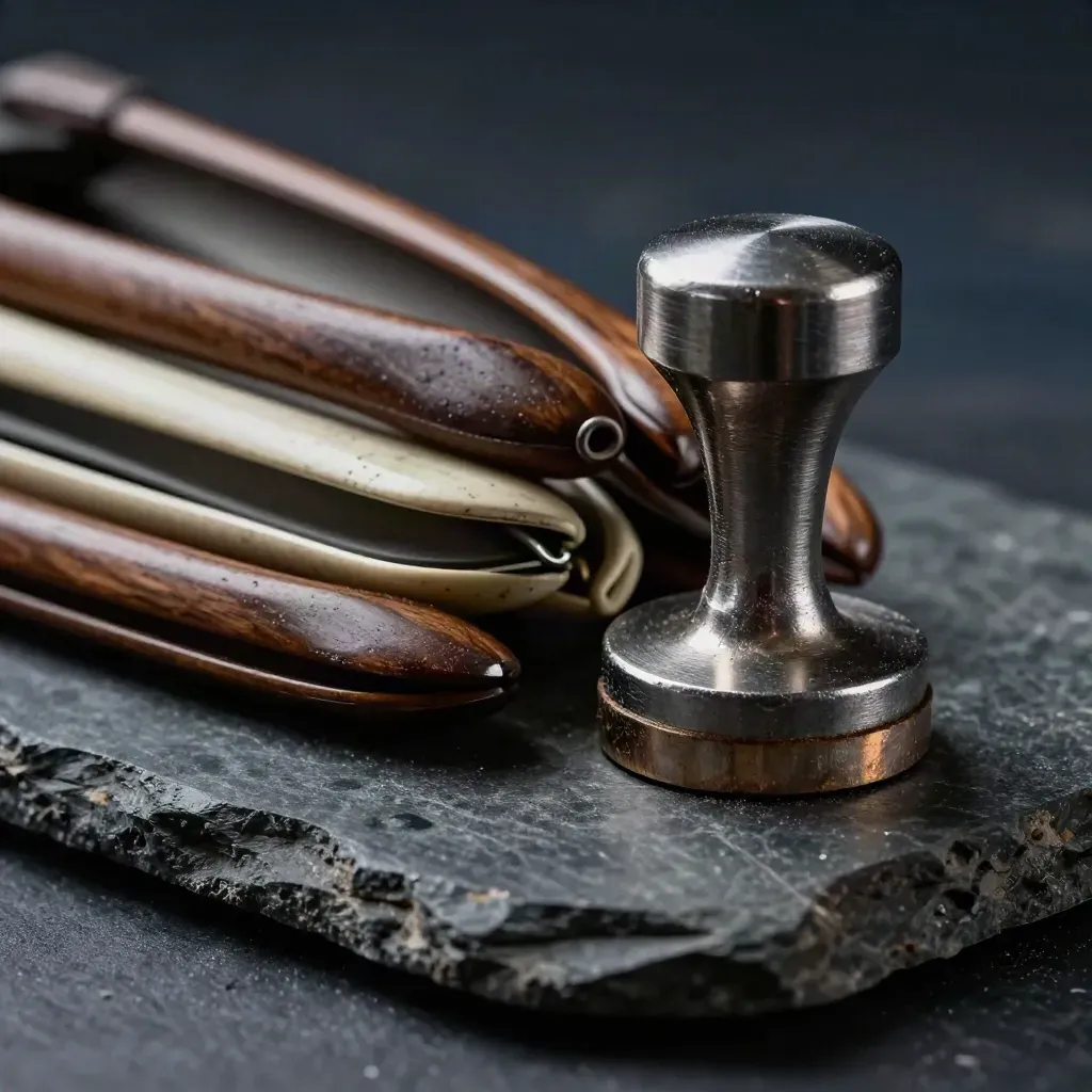 Macro still life of freight seals, a metal stamp and worn cargo clip on dark stone.