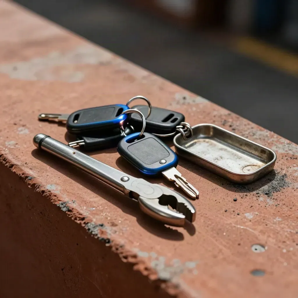 Carrier seal pliers, blank key fobs and an inverted metal tray on a terracotta dock ledge.