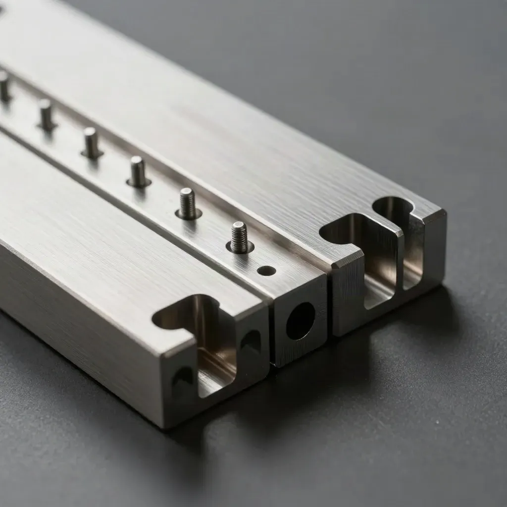 Top-down close-up of machined dovetail blocks and alignment pins on brushed aluminum.