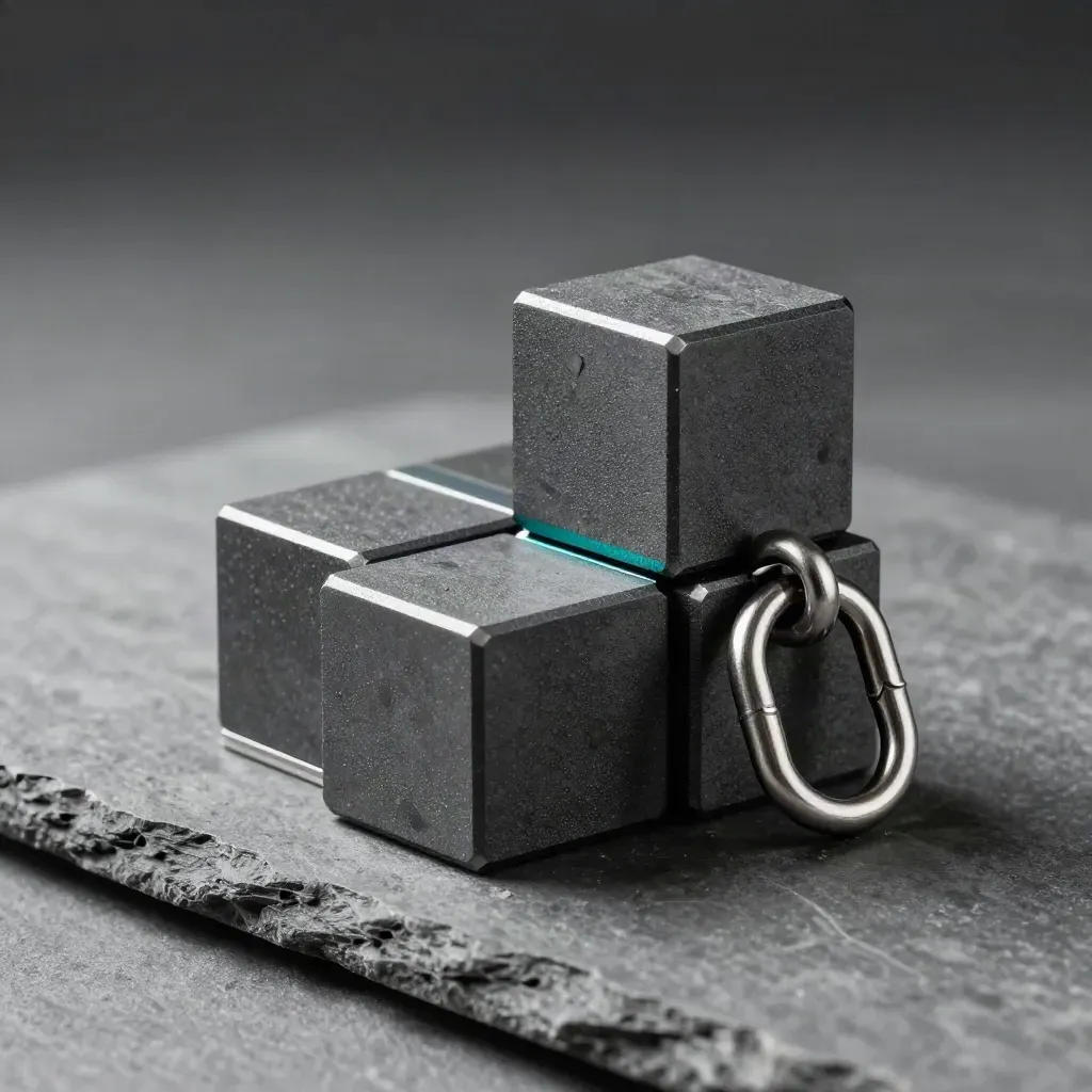 Graphite modular cubes, steel link ring and spacer bar on cool grey stone with teal accent.