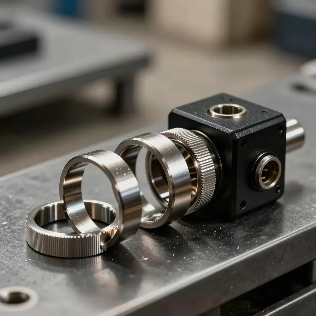 Macro of interlocking metal rings, connector block, and magnetic pin on a charcoal metal surface.