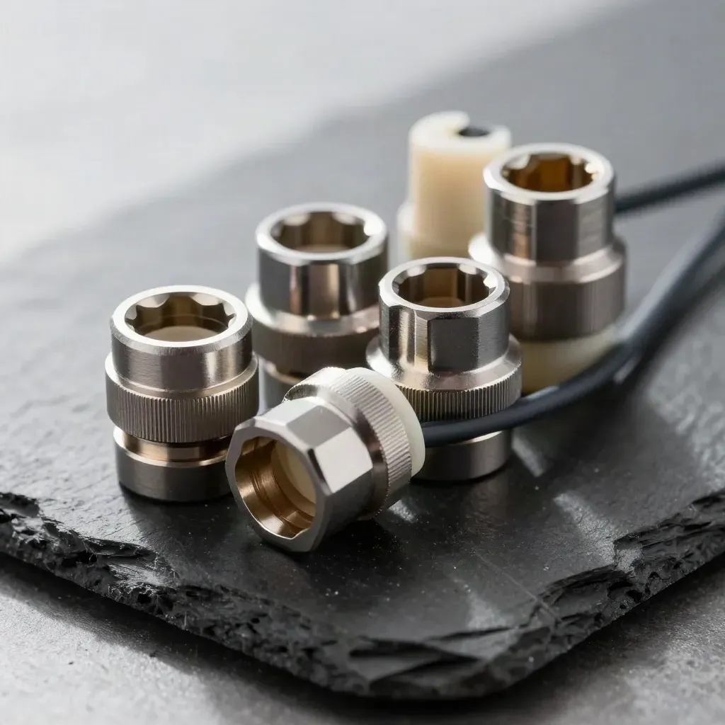 Macro still life of connector sockets, collars and a cable grommet on a dark slate surface.